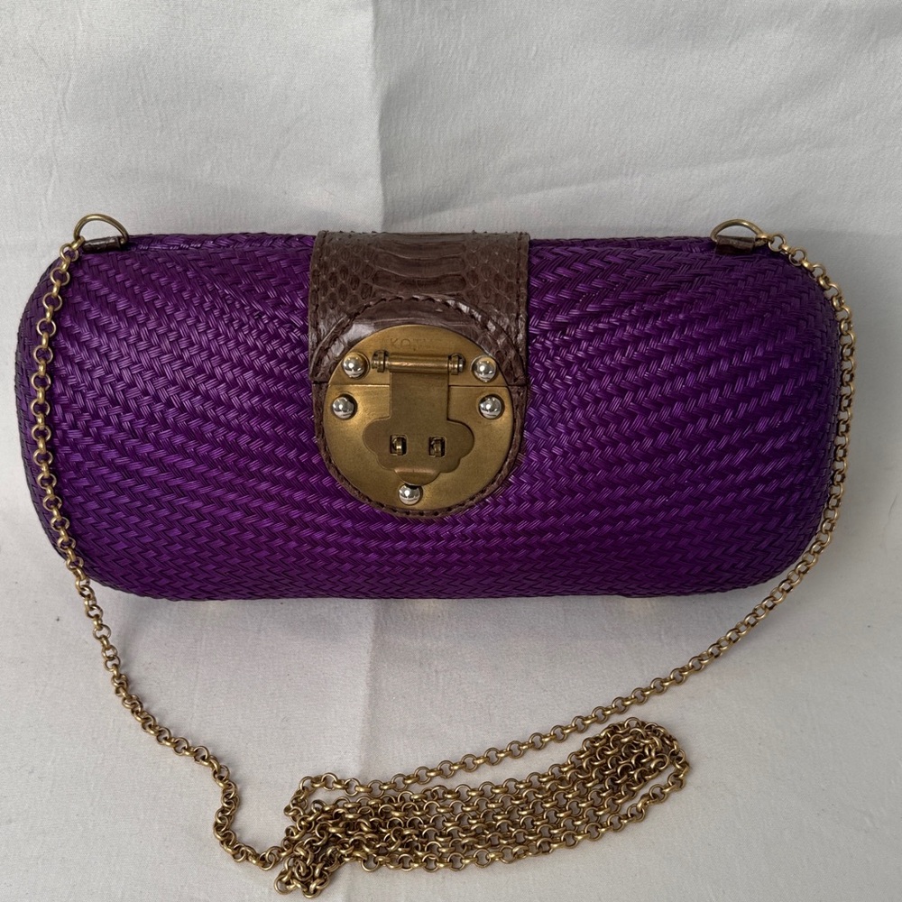 Kotur Bugel Straw Minaudiere - Purple Clutch with Brass/Copper-Toned Lock Clasp